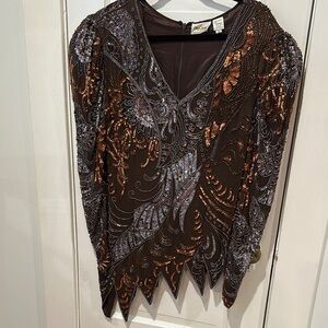 Vintage Oleg Cassini Brown Asymmetrical Blouse Sequin Beaded Top‎ Sz 14